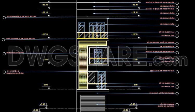 324. CAD design drawings for a 4-story townhouse with dimensions of 5m x 17.5m