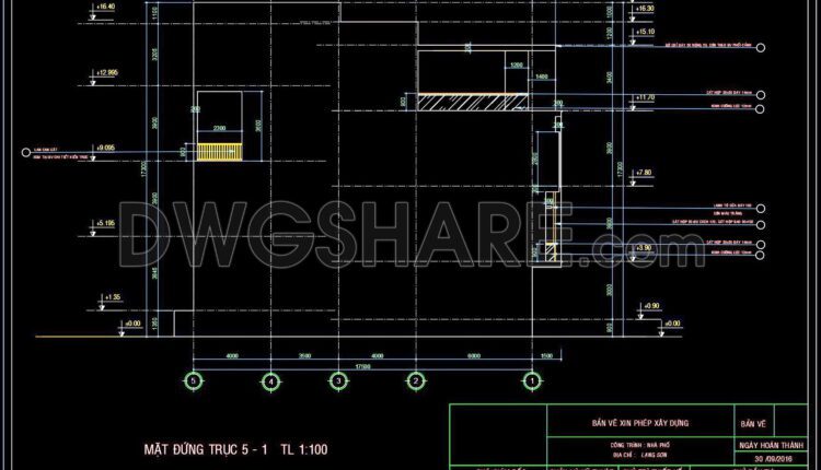 324. CAD design drawings for a 4-story townhouse with dimensions of 5m x 17.5m