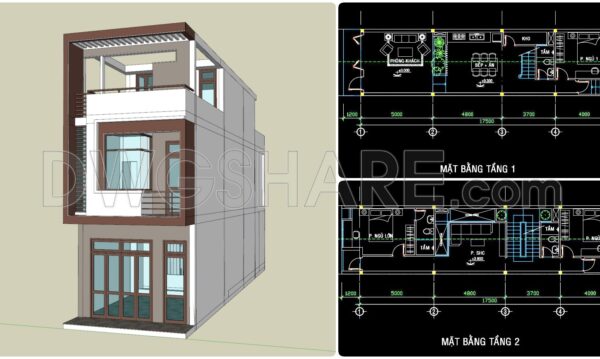 325. CAD design drawings for a 3-story townhouse with dimensions of 4.6m x 17.5m