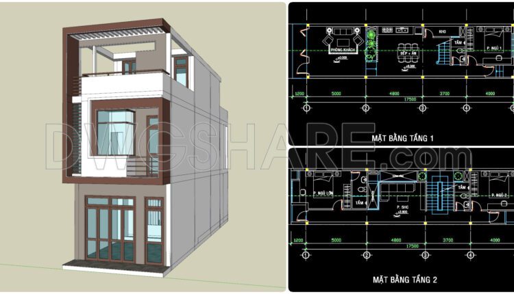 325. CAD design drawings for a 3-story townhouse with dimensions of 4.6m x 17.5m