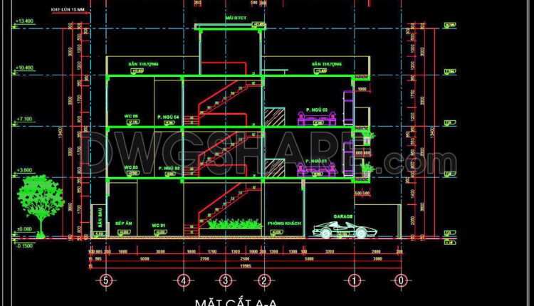 326. CAD design drawings for a 4-story townhouse with dimensions of 4.9m x 19.9m