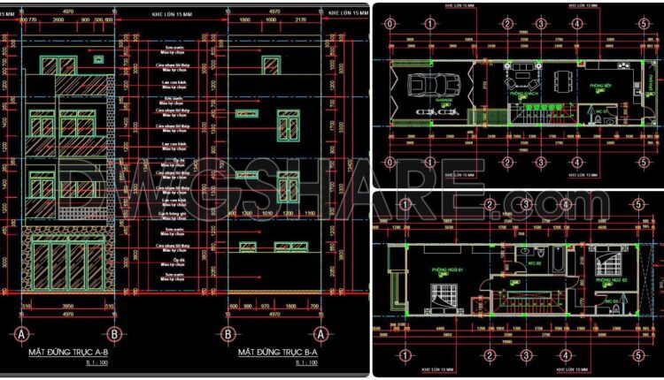 326. CAD design drawings for a 4-story townhouse with dimensions of 4.9m x 19.9m