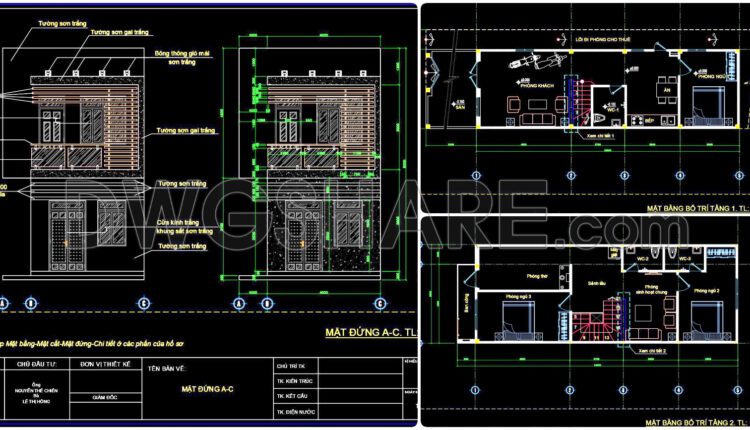 327. CAD design drawings for a 2-story townhouse with dimensions of 4m x 13m