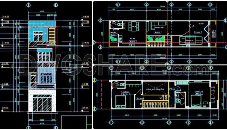 329. CAD design drawings for a 4-story townhouse with dimensions of 4.5m x 18m