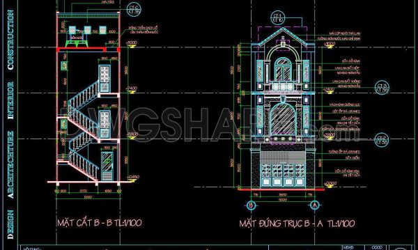 331. CAD design drawings for a 3-story townhouse with dimensions of 5m x 21.2m