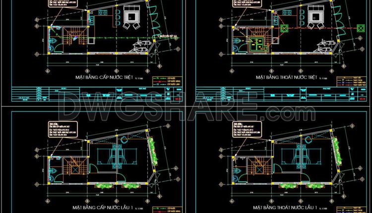 72. Detailed CAD design drawings for the water supply system in a 3-story townhouse (1)