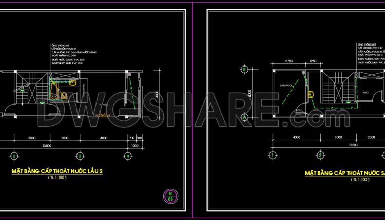 74. CAD drawings detailing the design of water supply and drainage systems for a 3-story townhouse