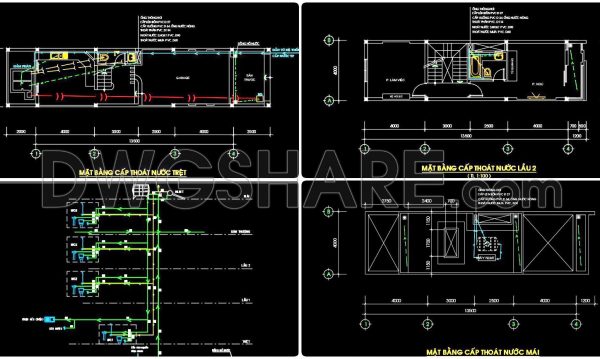 2 years ago 75874. CAD drawings detailing the design of water supply and drainage systems for a 3-story townhouse