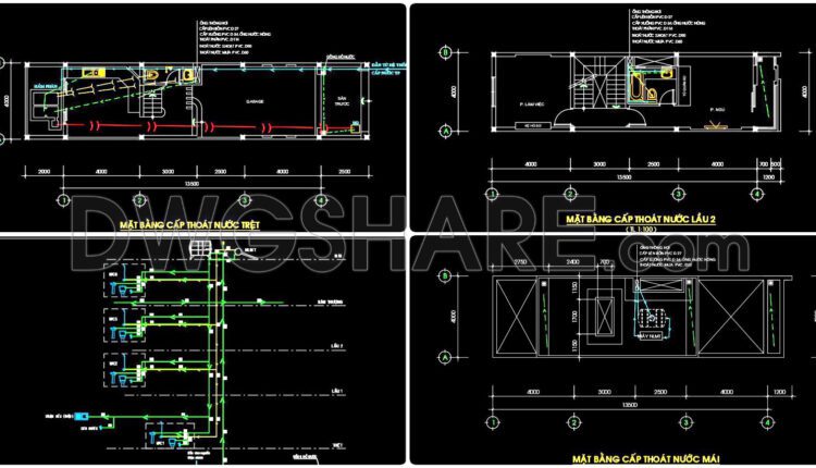 74. CAD drawings detailing the design of water supply and drainage systems for a 3-story townhouse