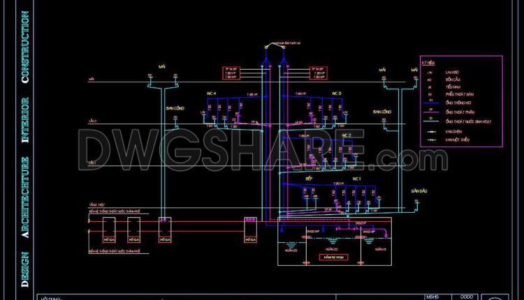 80. CAD drawings detailing the design of water supply and drainage systems for a 3-story townhouse