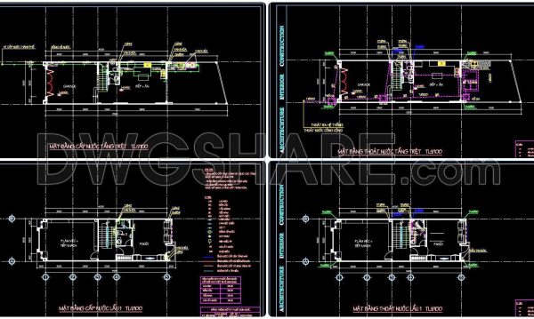 80. CAD drawings detailing the design of water supply and drainage systems for a 3-story townhouse