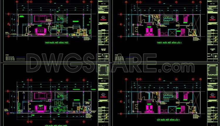 84. CAD drawings detailing the design of water supply and drainage systems for a 3-story townhouse