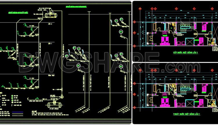 84. CAD drawings detailing the design of water supply and drainage systems for a 3-story townhouse
