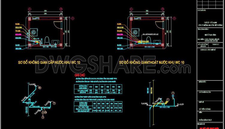 86. CAD drawings detailing the design of water supply and drainage systems for a 6-story townhouse