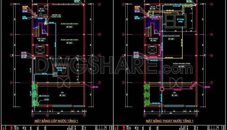 86. CAD drawings detailing the design of water supply and drainage systems for a 6-story townhouse