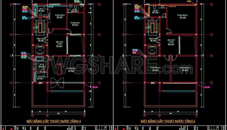 86. CAD drawings detailing the design of water supply and drainage systems for a 6-story townhouse