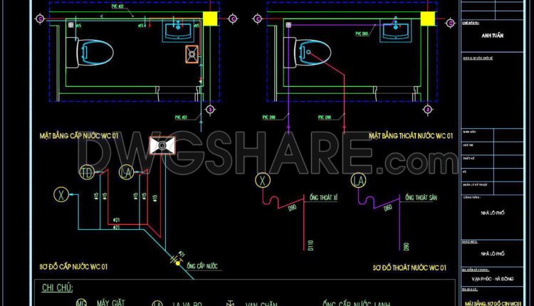 88. CAD drawings detailing the design of water supply and drainage systems for a 3-story townhouse