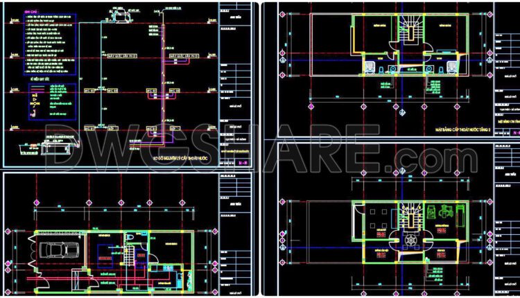 88. CAD drawings detailing the design of water supply and drainage systems for a 3-story townhouse