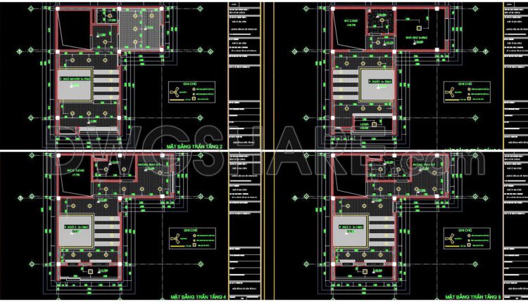 93. Detailed CAD drawings for the ceiling layout design of a 5-story townhouse