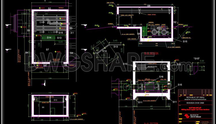 195. CAD drawing Of Stilling Bassin Layout and cross sections Free download