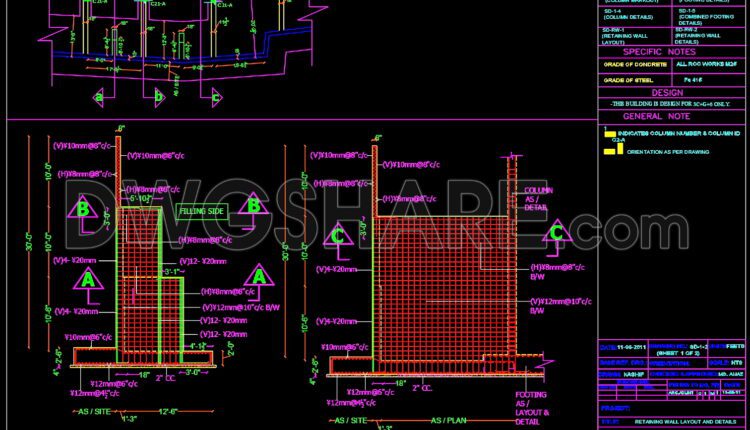 199. CAD drawing Of Retaining Wall Layout and details Free download