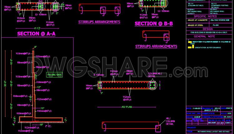 199. CAD drawing Of Retaining Wall Layout and details Free download
