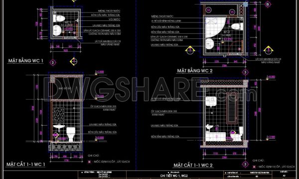 222. Free download of CAD technical drawings for the construction of bathrooms in townhouses
