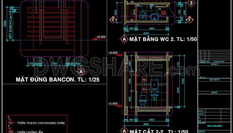 226. Free download of CAD technical drawings for the construction of bathrooms in townhouses
