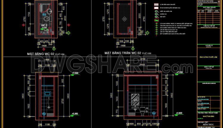 227. Free download of CAD technical drawings for the construction of bathrooms in townhouses