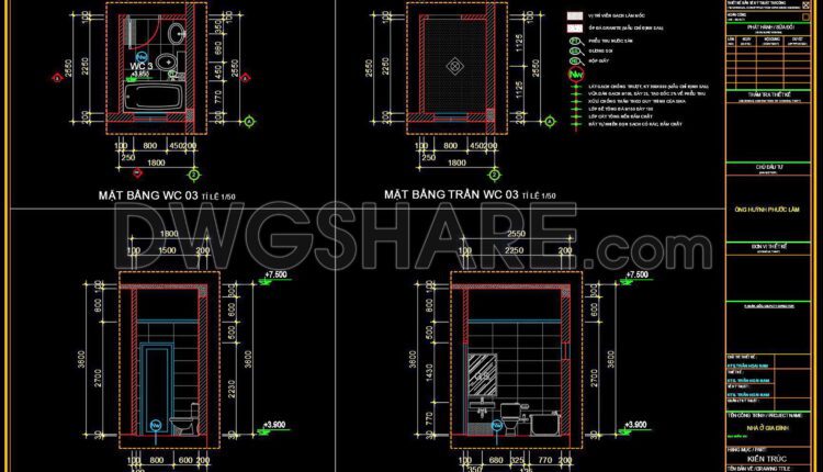 227. Free download of CAD technical drawings for the construction of bathrooms in townhouses