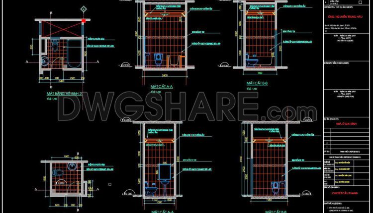 229. Free download of CAD technical drawings for the construction of bathrooms in townhouses