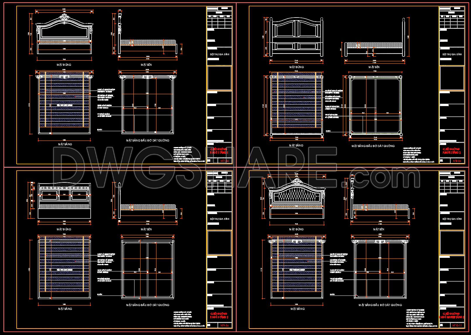 298. Free download CAD drawings of the technical details of various types of beds