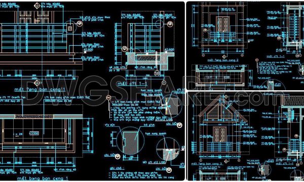 304. Detailed architectural CAD drawings of the balcony, railing, and skylight roof of the townhouse