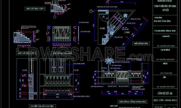 307. Detailed architectural CAD drawings of the balcony, staircase detail, sanitary detail of the townhouse