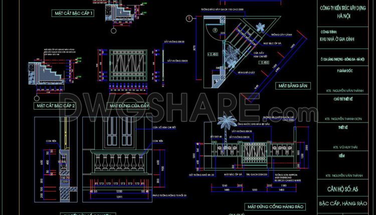 307. Detailed architectural CAD drawings of the balcony, staircase detail, sanitary detail of the townhouse