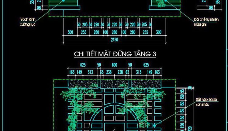 316. Detailed architectural CAD drawings of vertical facade wall sections, balcony townhouse