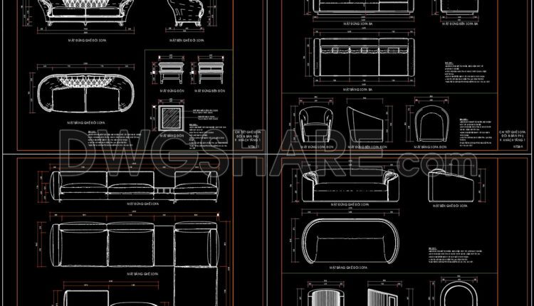 316. Free Download CAD drawings of the technical details of various types of Sofas