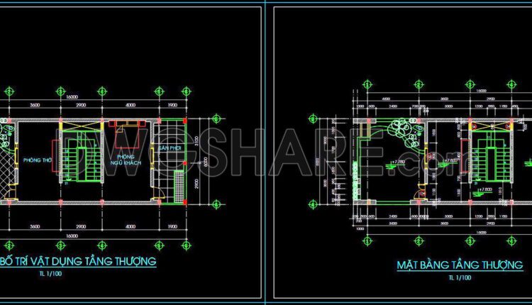 333. CAD design drawings for a 3-story townhouse with dimensions of 6m x 16m