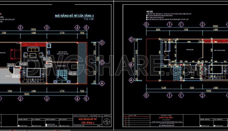 334. CAD design drawings for a 3-story townhouse with dimensions of 6.5m x 19.2m