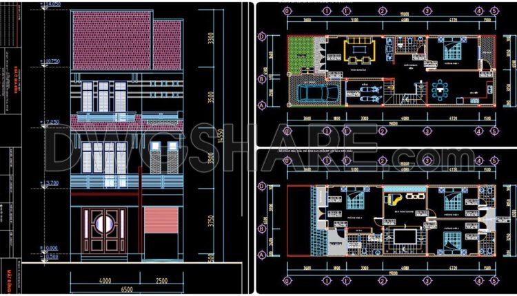 334. CAD design drawings for a 3-story townhouse with dimensions of 6.5m x 19.2m