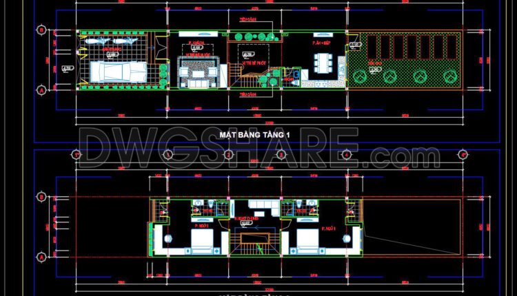 335. CAD design drawings for a 3-story townhouse with dimensions of 5m x 32m