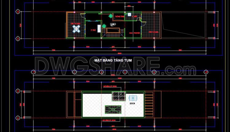 335. CAD design drawings for a 3-story townhouse with dimensions of 5m x 32m
