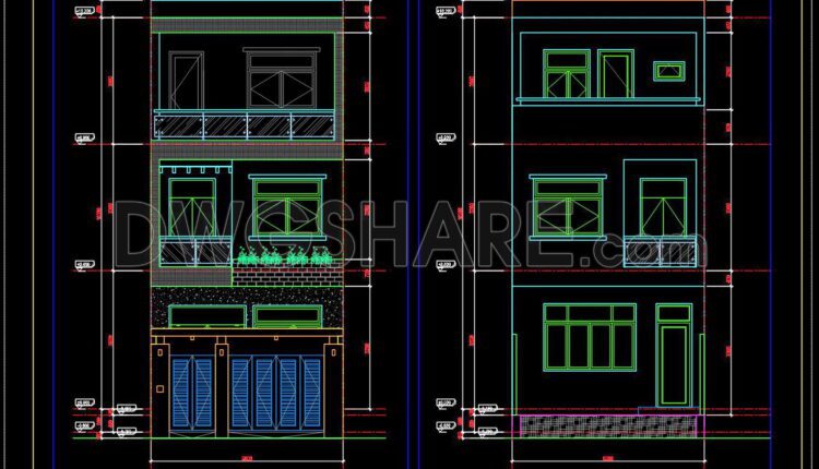335. CAD design drawings for a 3-story townhouse with dimensions of 5m x 32m