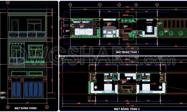 335. CAD design drawings for a 3-story townhouse with dimensions of 5m x 32m