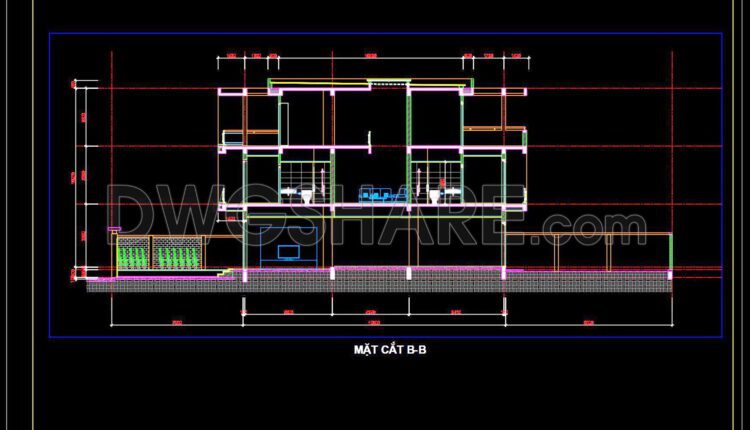 335. CAD design drawings for a 3-story townhouse with dimensions of 5m x 32m