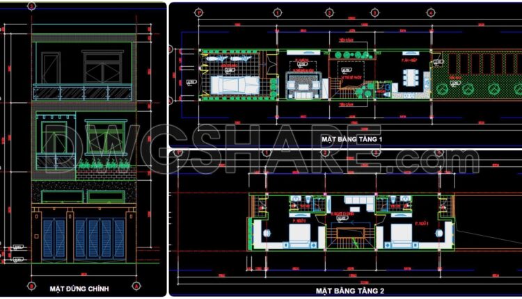 335. CAD design drawings for a 3-story townhouse with dimensions of 5m x 32m