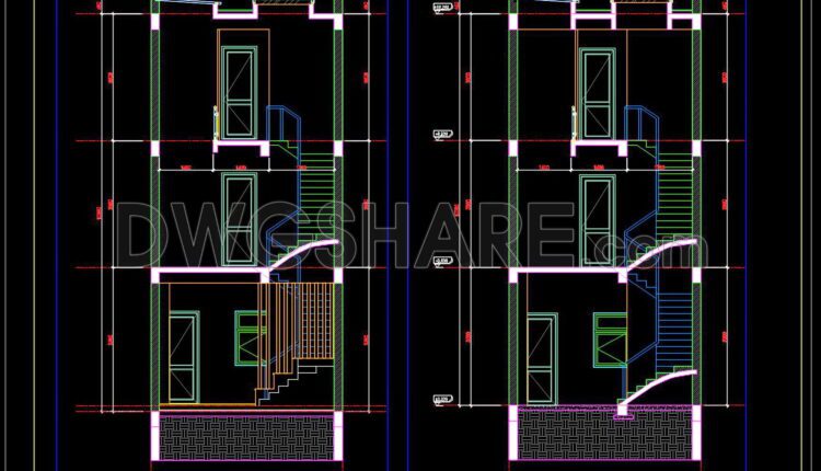 335. CAD design drawings for a 3-story townhouse with dimensions of 5m x 32m