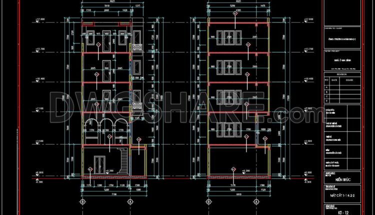 336. CAD design drawings for a 5-story townhouse with dimensions of 7.5m x 18.7m