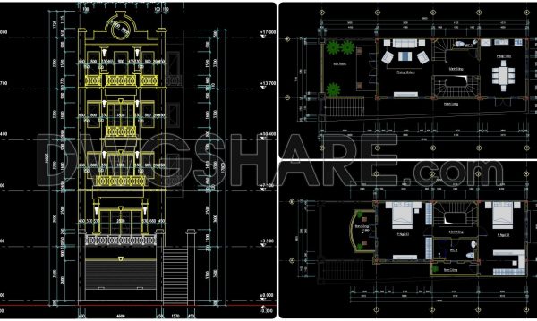 336. CAD design drawings for a 5-story townhouse with dimensions of 7.5m x 18.7m