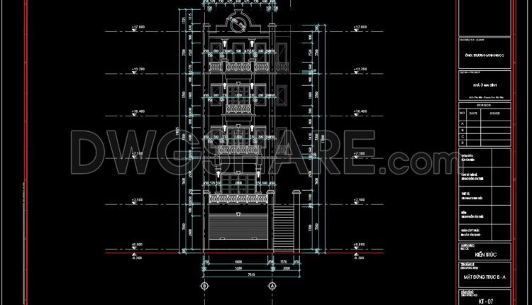 336. CAD design drawings for a 5-story townhouse with dimensions of 7.5m x 18.7m